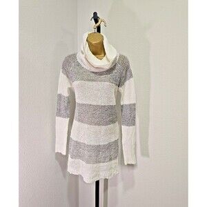 Y2K Turtle Neck Tunic Sweater Dress Med Mohair Wool Blend Wide Stripe Cream Gray